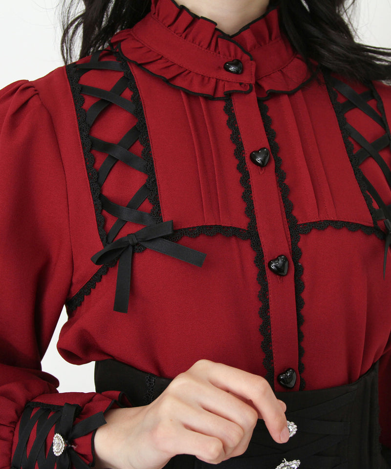 レースアップフリル襟ブラウス