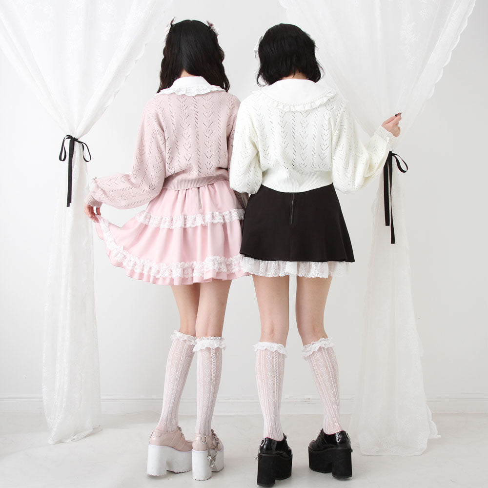 キラキラハート編み柄ショートカーディガン【ニット】 – レディース