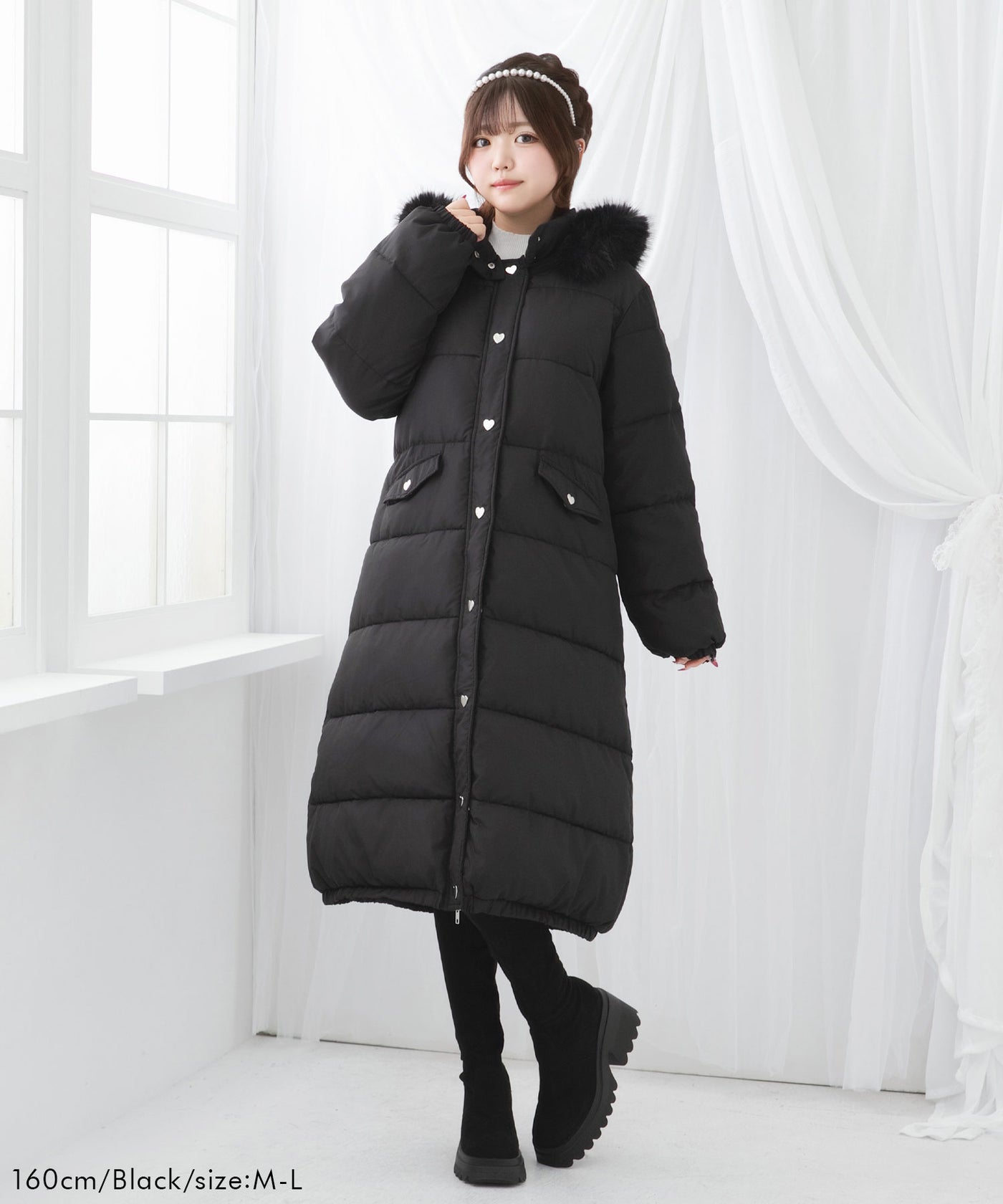 ファー付きハートスタッズロングダウンコート – レディース