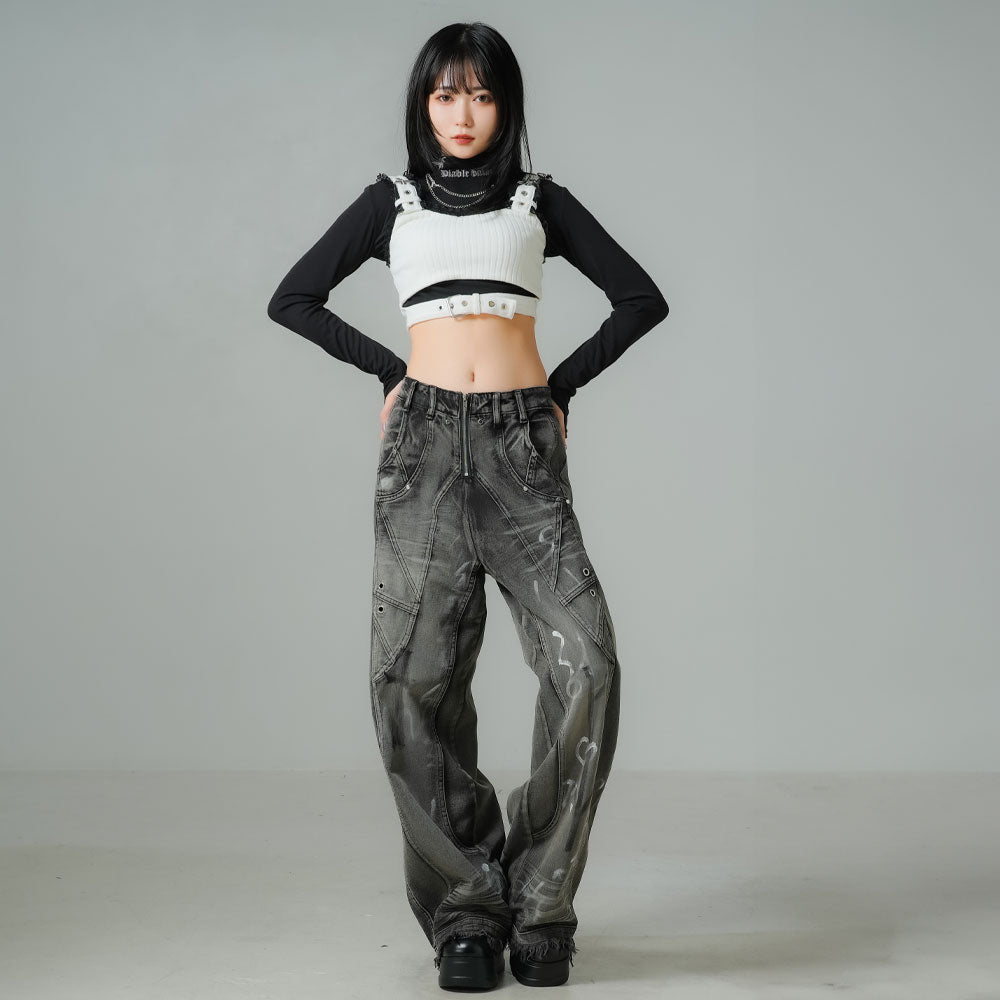 【オーダーメイド専用ページ】【1点もの・デザイン画付き】黒生地ぶかぶかパンツ まとめ買い対象】ペイントグラフィックオーバーデニムカーブパンツ