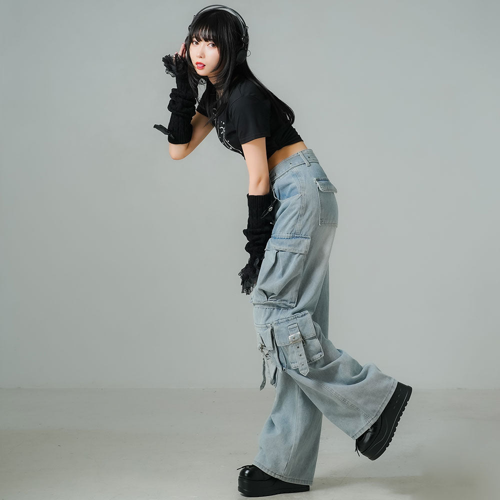 ベルト付ビッグポケットデニムパンツ【大きいサイズ有