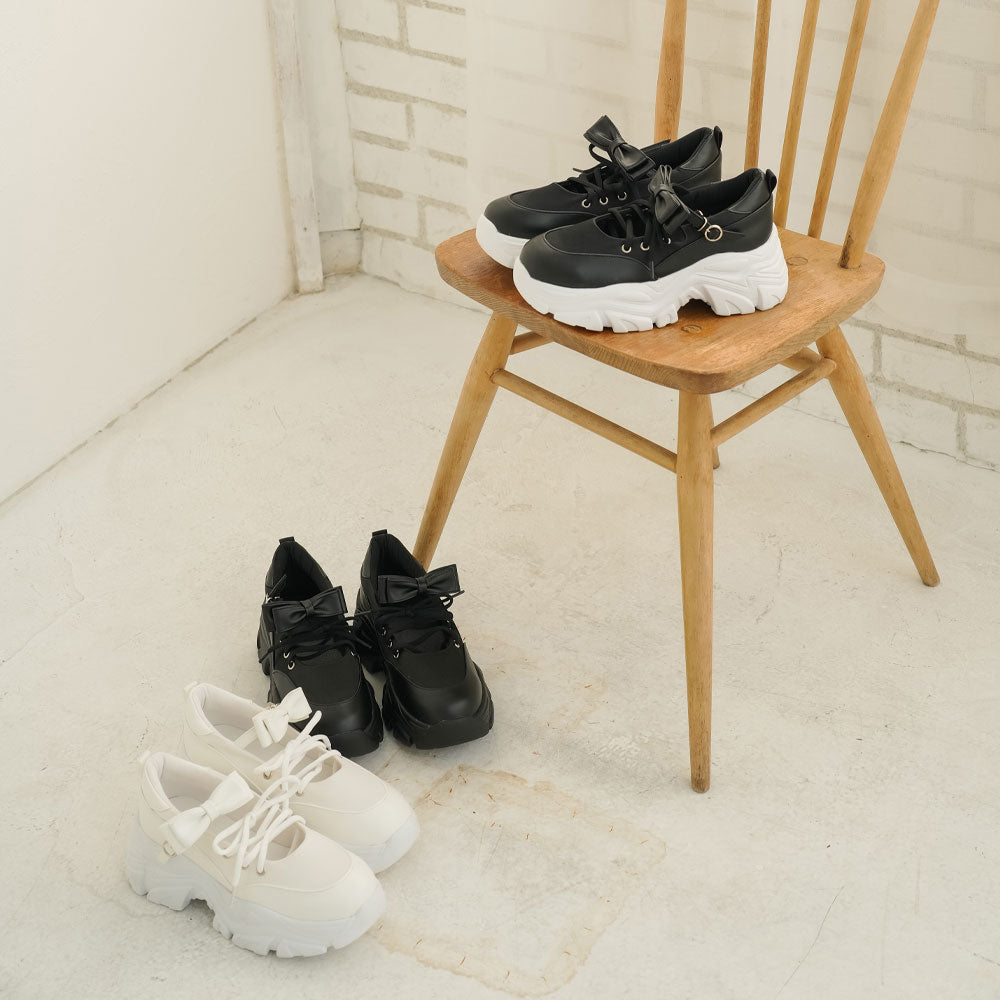 厚底リボンレースアップスニーカーパンプス【大きいサイズ有