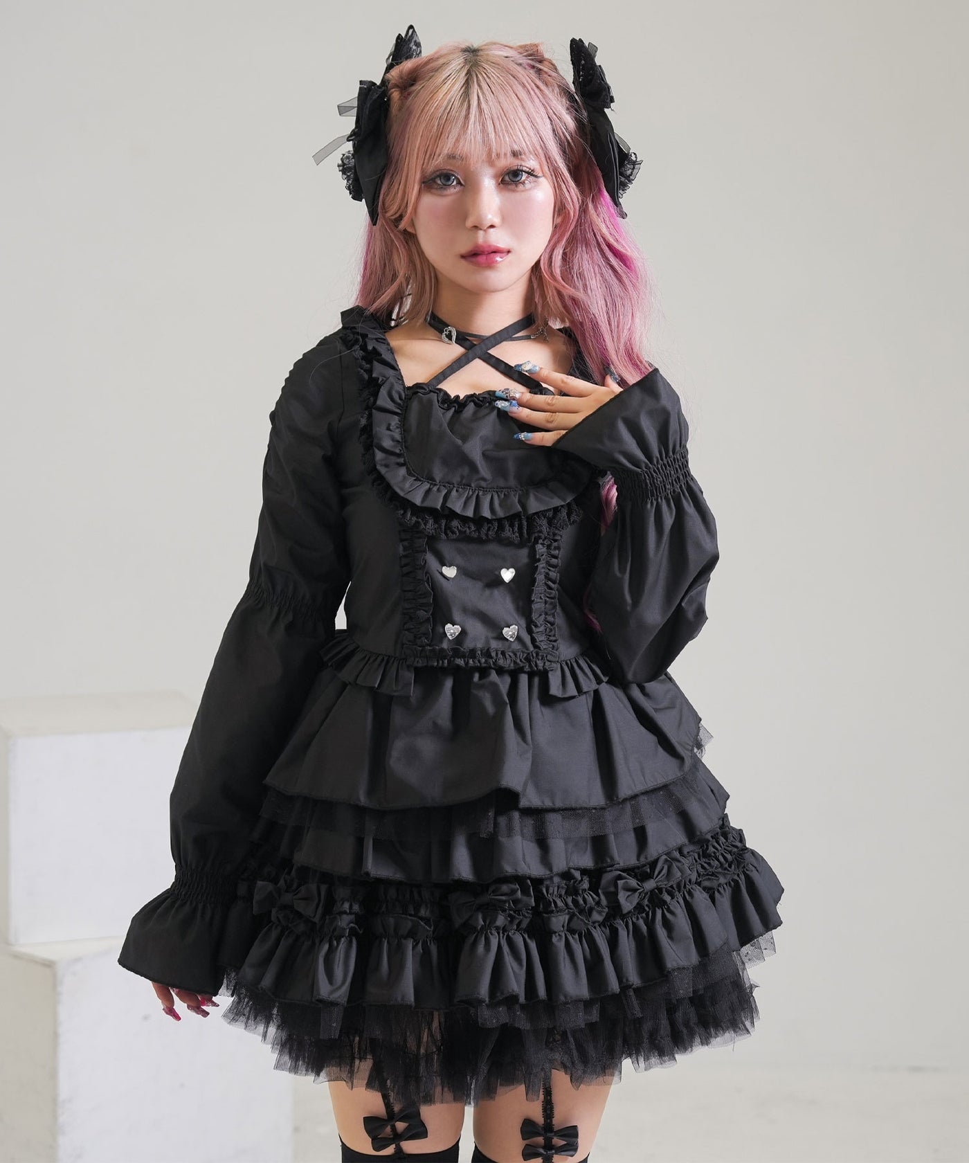 MA*RS】サテンリボン付きフリルブラウス - WHT/ブラック size-F