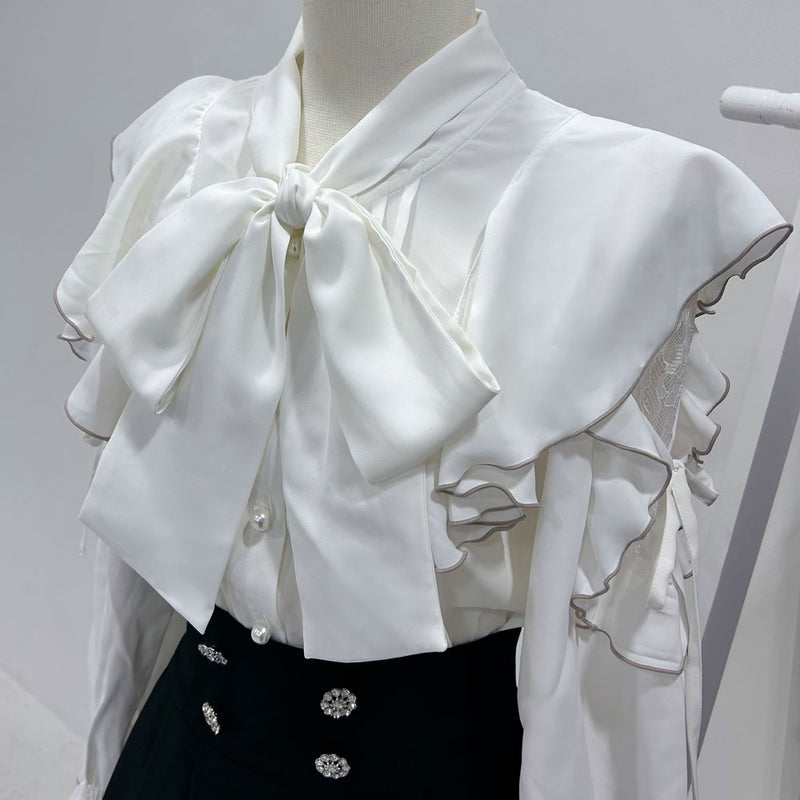 ショルダーレースフリルリボンブラウス【大きいサイズ有