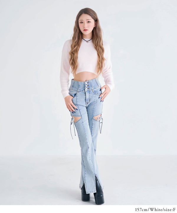 フワフワシャギークロップド丈ニットトップス