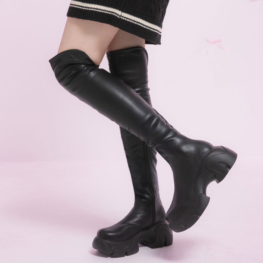 低価格で大人気の 厚底ソール美脚スリムフィットニーハイブーツ 【大きいサイズ有 靴