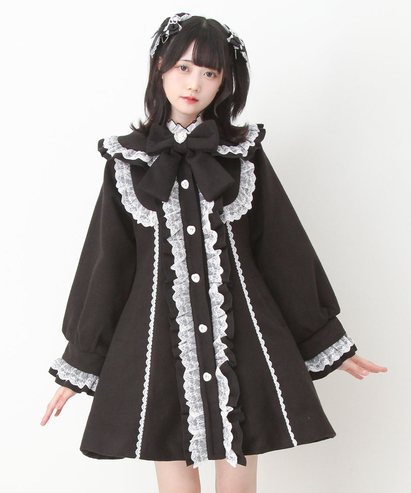 AD2006 archive フリルフードウールロングコート リボン フレア 黒 丸襟ヨークリボンフリルコート – レディースファッション通販の