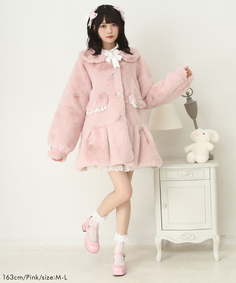 美品 裾パール刺繍 ラメ ウール ツイードコート ファー キナリ M 美品 裾パール刺繍 ラメ ウール ツイードコート ファー キナリ M