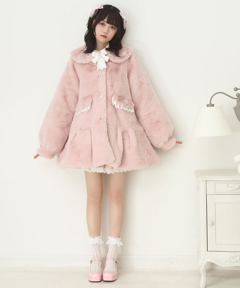 キラキラビジュー襟デザインファーコート