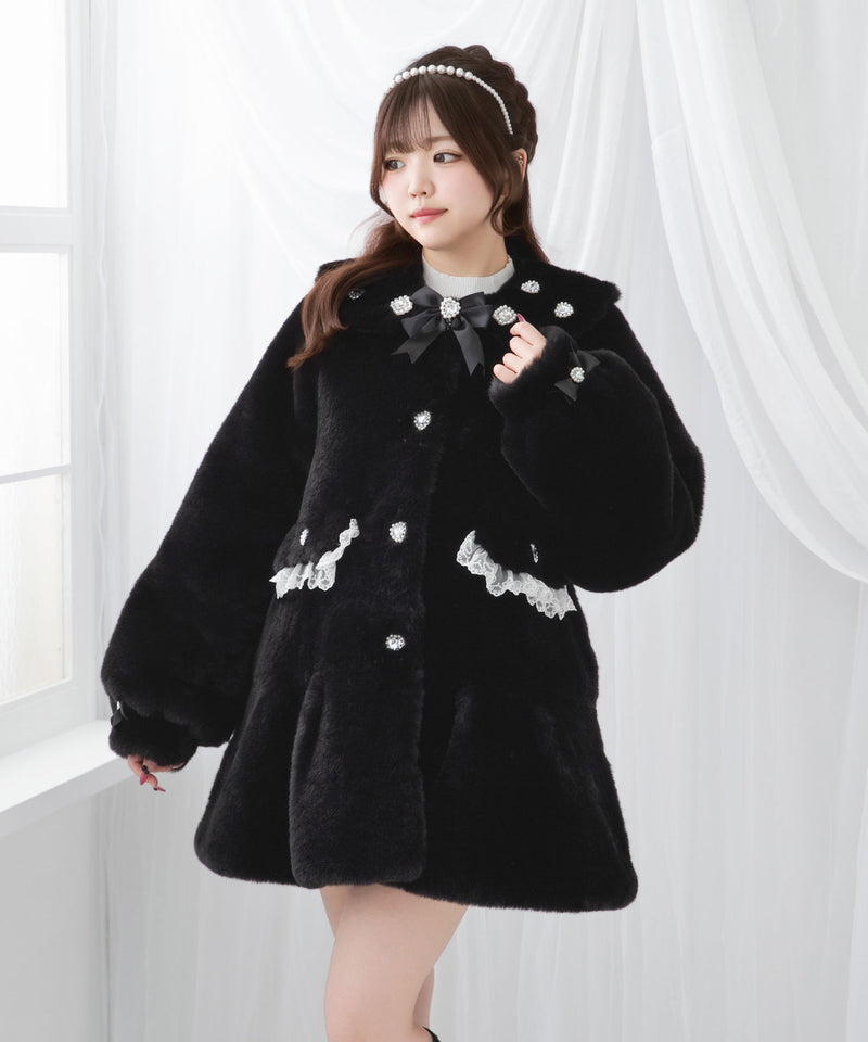 キラキラビジュー襟デザインファーコート