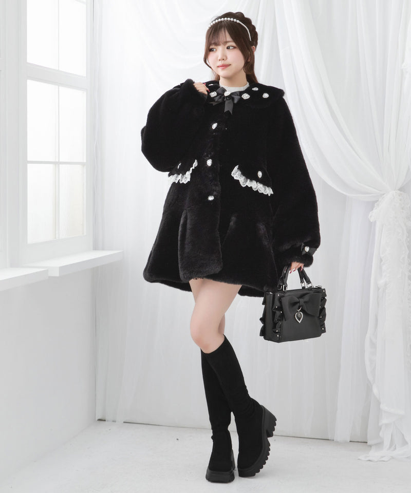 キラキラビジュー襟デザインファーコート