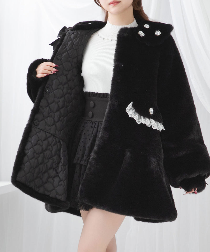 キラキラビジュー襟デザインファーコート