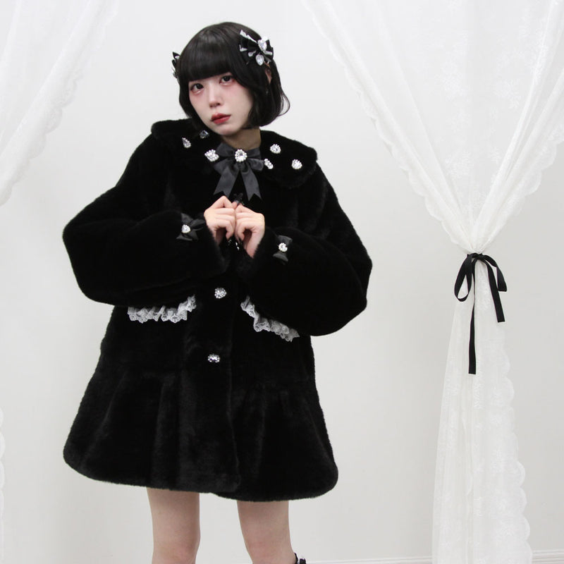 キラキラビジュー襟デザインファーコート