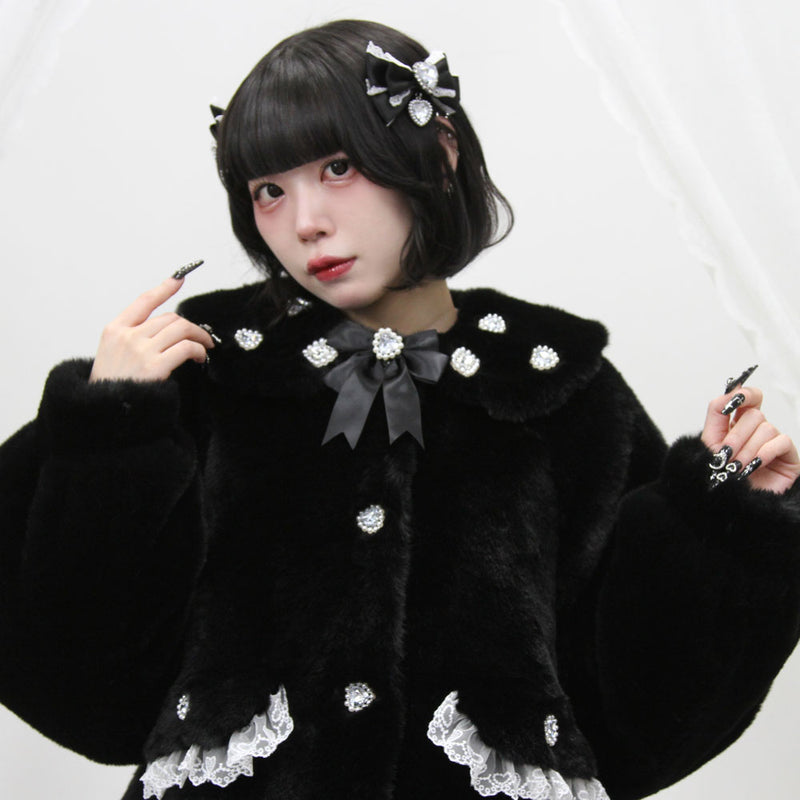 キラキラビジュー襟デザインファーコート