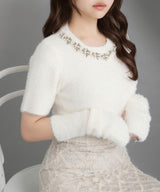 アームウォーマー付ビジューシャギーミニスカートセットアップ3点セット【ニット】