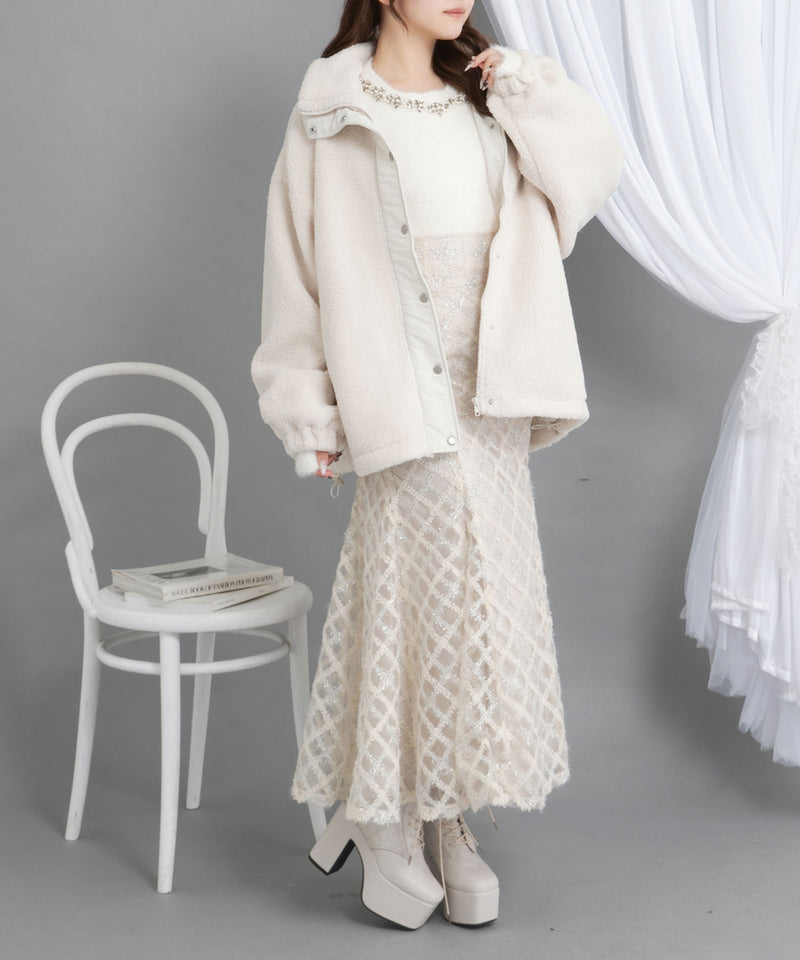 アームウォーマー付ビジューシャギーミニスカートセットアップ3点セット【ニット】