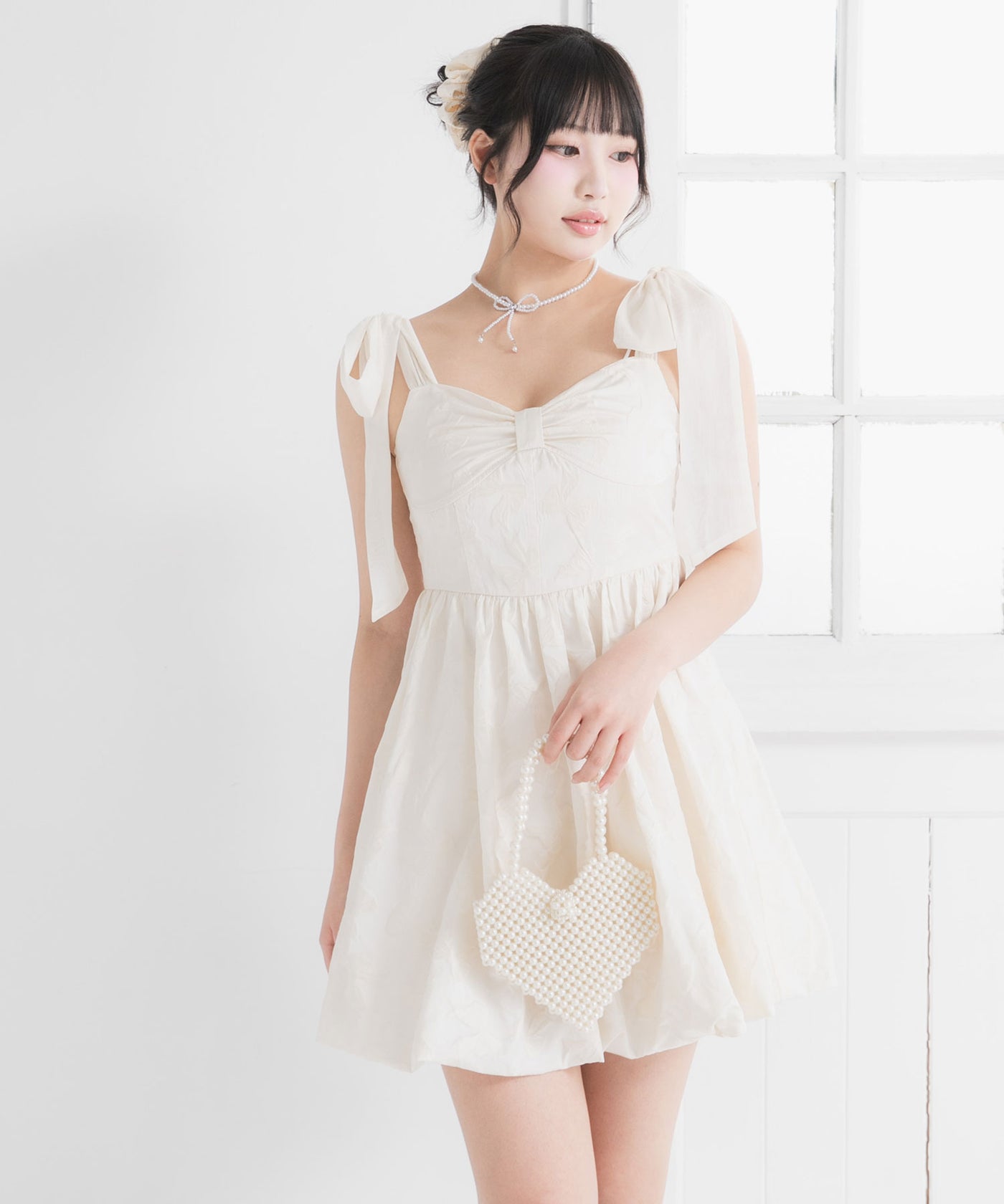 ハンドメイド　モノトーンリボンチェック柄　ドビー織り　バルーンキャミ　ワンピース ハンドメイド モノトーンリボンチェック柄 ドビー織り バルーン