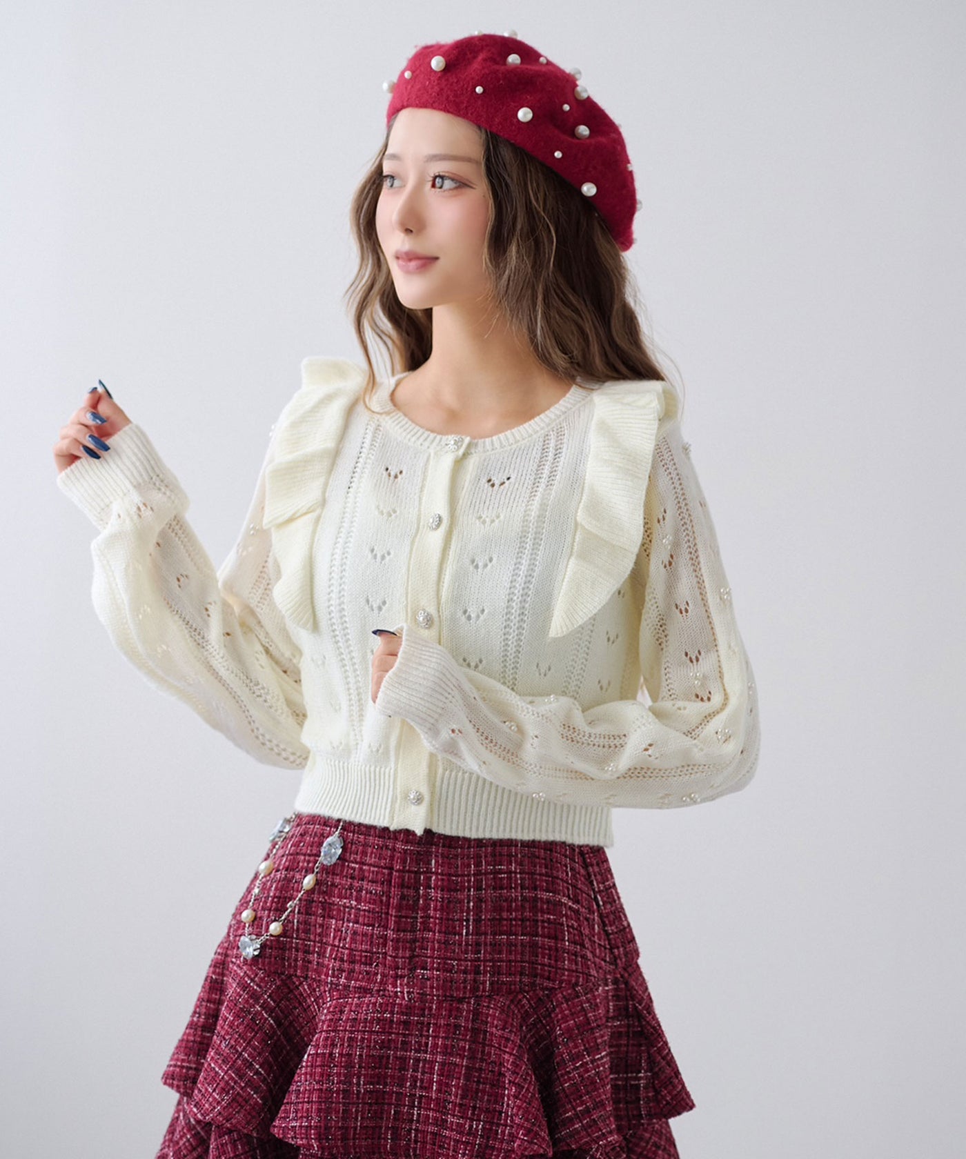 ビジューフリルカーディガン♡ Lallana（ララーナ）の「Bijou Button Frill Cardigan/ビジューボタン