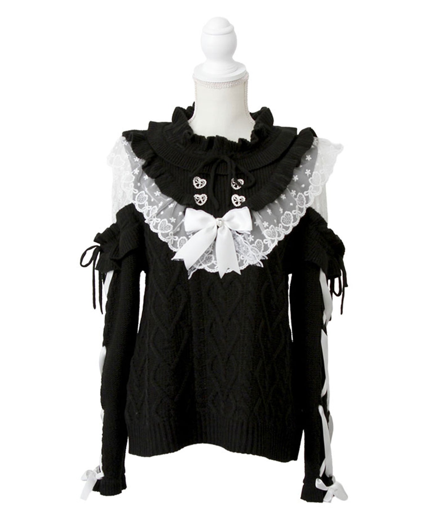 袖レースアップフリルハートビジューニット – レディースファッション