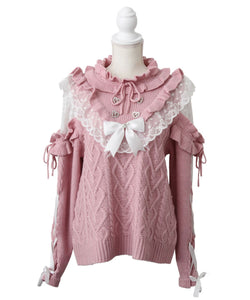 袖レースアップフリルハートビジューニット