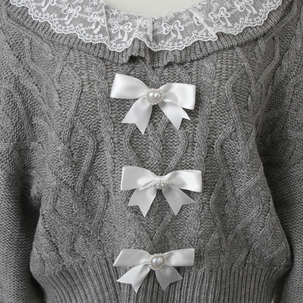 Vネック袖リボンレースビジューハートケーブルニット – レディース