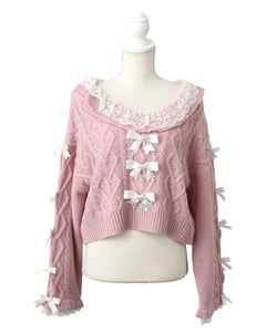 Vネック袖リボンレースビジューハートケーブルニット