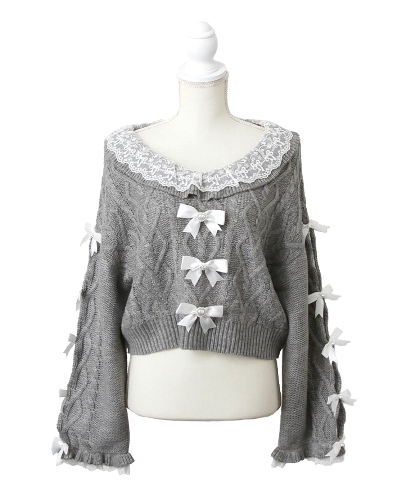 Vネック袖リボンレースビジューハートケーブルニット – レディース