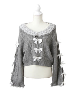 Vネック袖リボンレースビジューハートケーブルニット