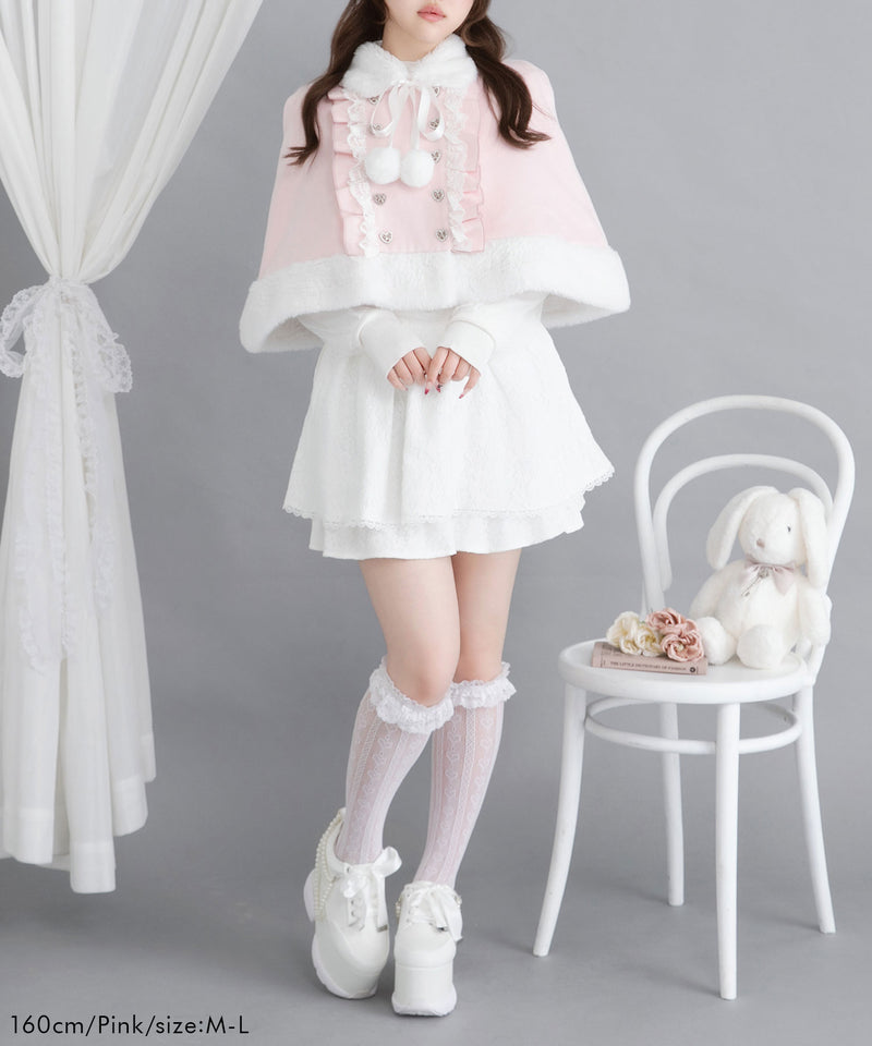 ファーポンポンハートビジューリボンケープコート