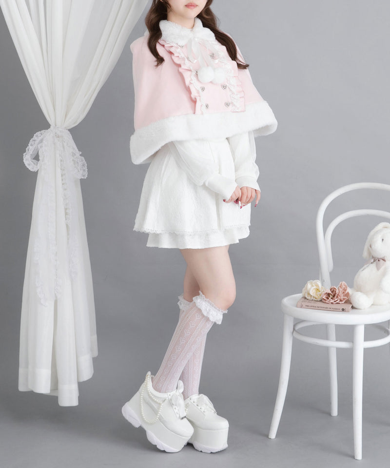 ファーポンポンハートビジューリボンケープコート