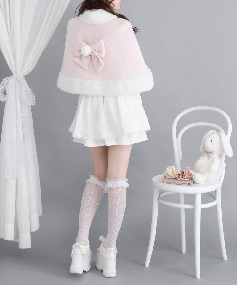 ファーポンポンハートビジューリボンケープコート