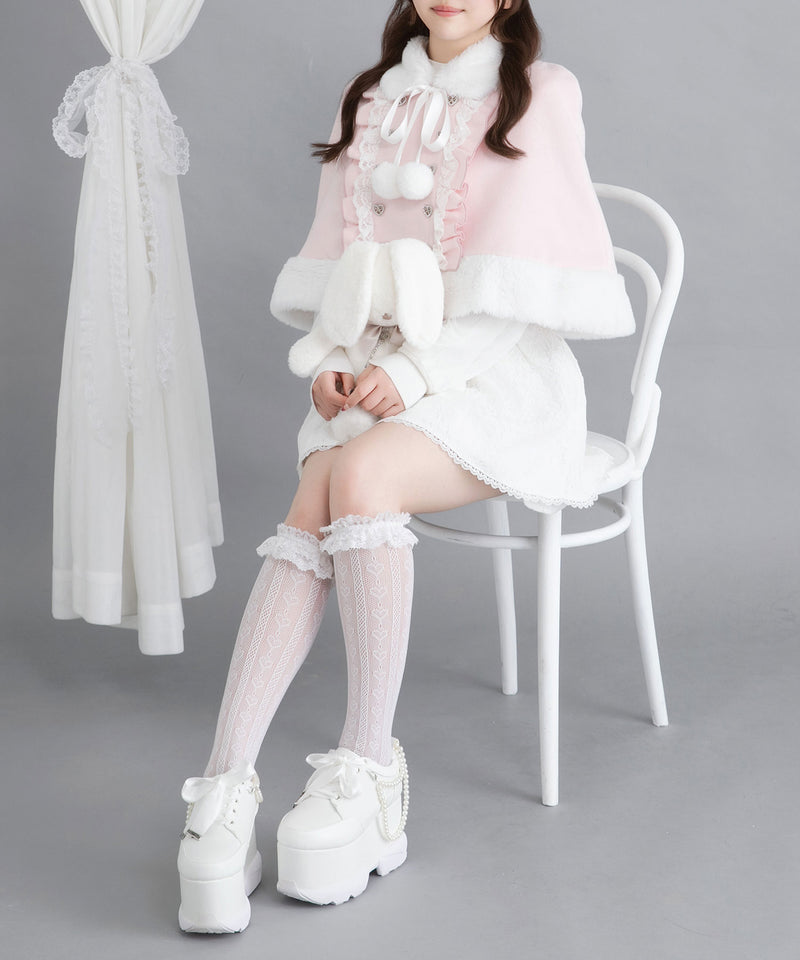 ファーポンポンハートビジューリボンケープコート