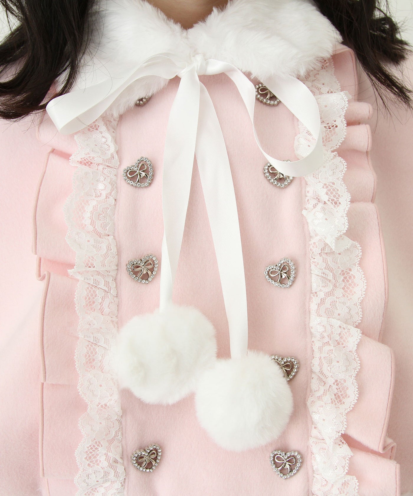 ファーポンポンハートビジューリボンケープコート – レディース