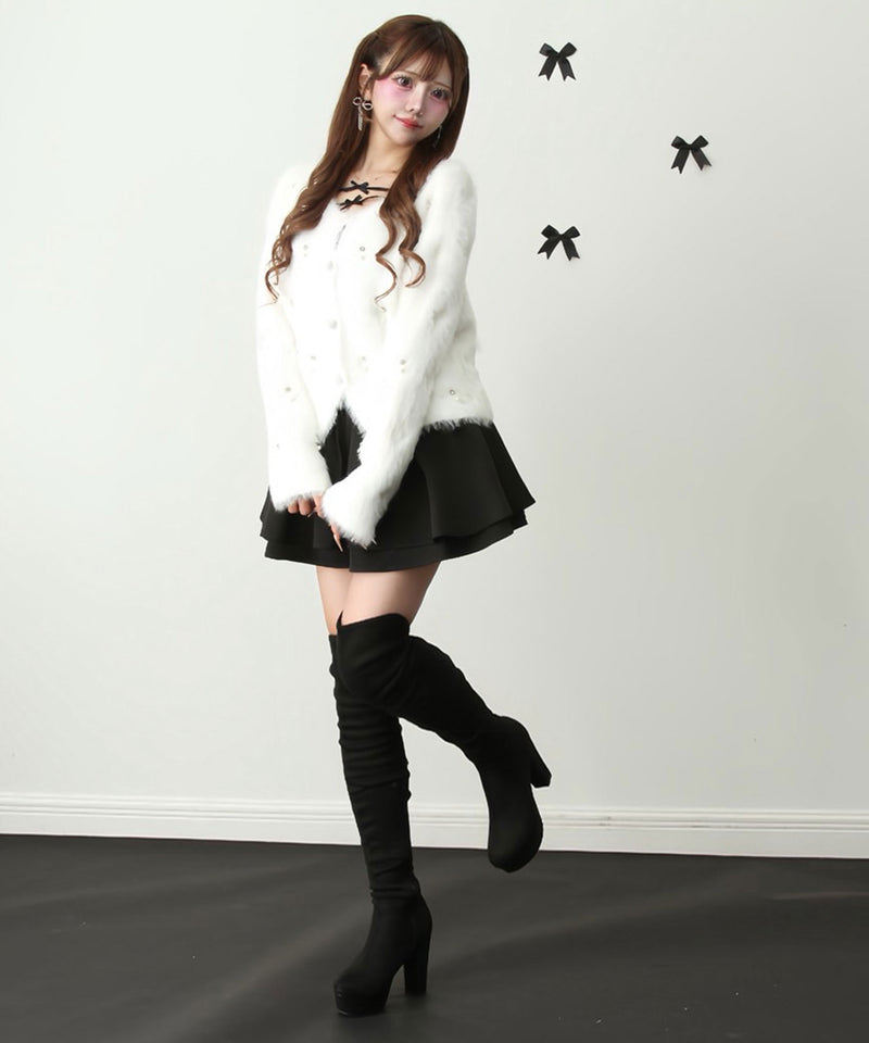 ビジューふわふわシャギーニットカーディガン