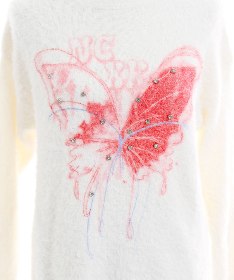 ふわふわダメージ加工バタフライビジューニットトップス