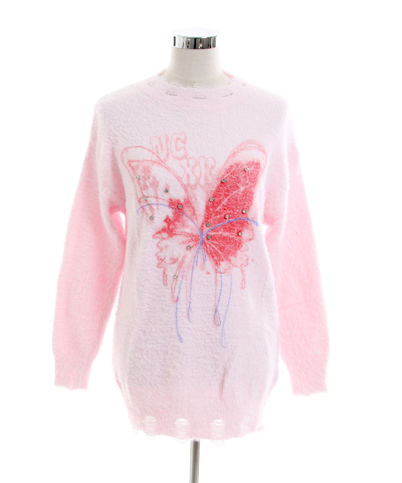 ふわふわダメージ加工バタフライビジューニットトップス