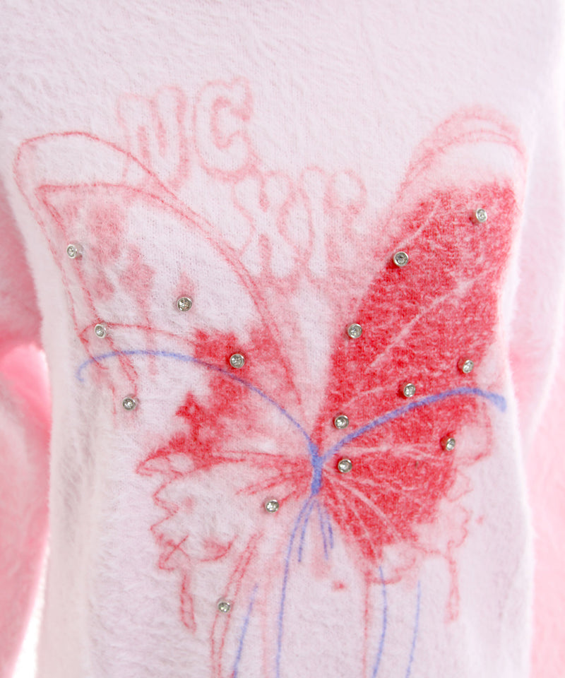 ふわふわダメージ加工バタフライビジューニットトップス