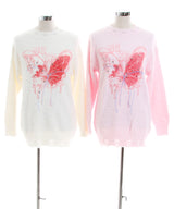 ふわふわダメージ加工バタフライビジューニットトップス