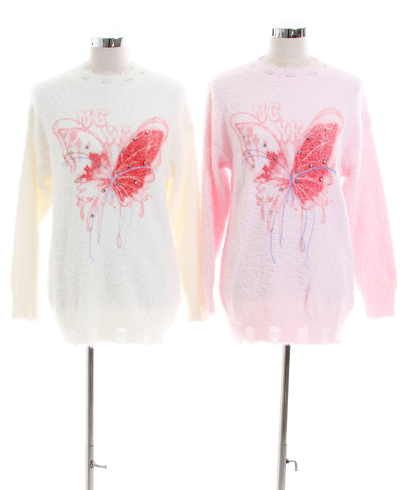 ふわふわダメージ加工バタフライビジューニットトップス