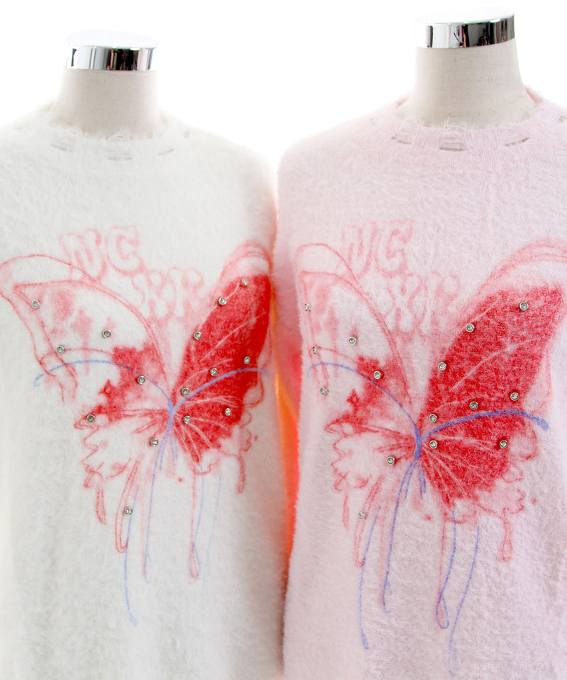 ふわふわダメージ加工バタフライビジューニットトップス