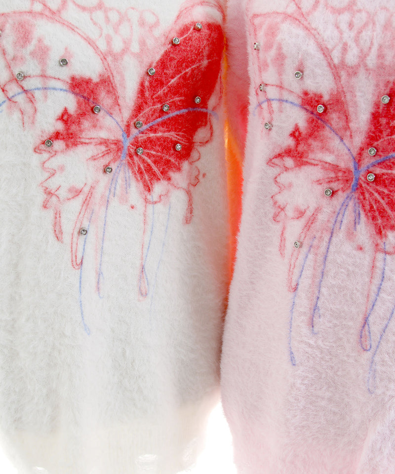 ふわふわダメージ加工バタフライビジューニットトップス