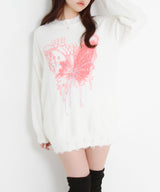 ふわふわダメージ加工バタフライビジューニットトップス