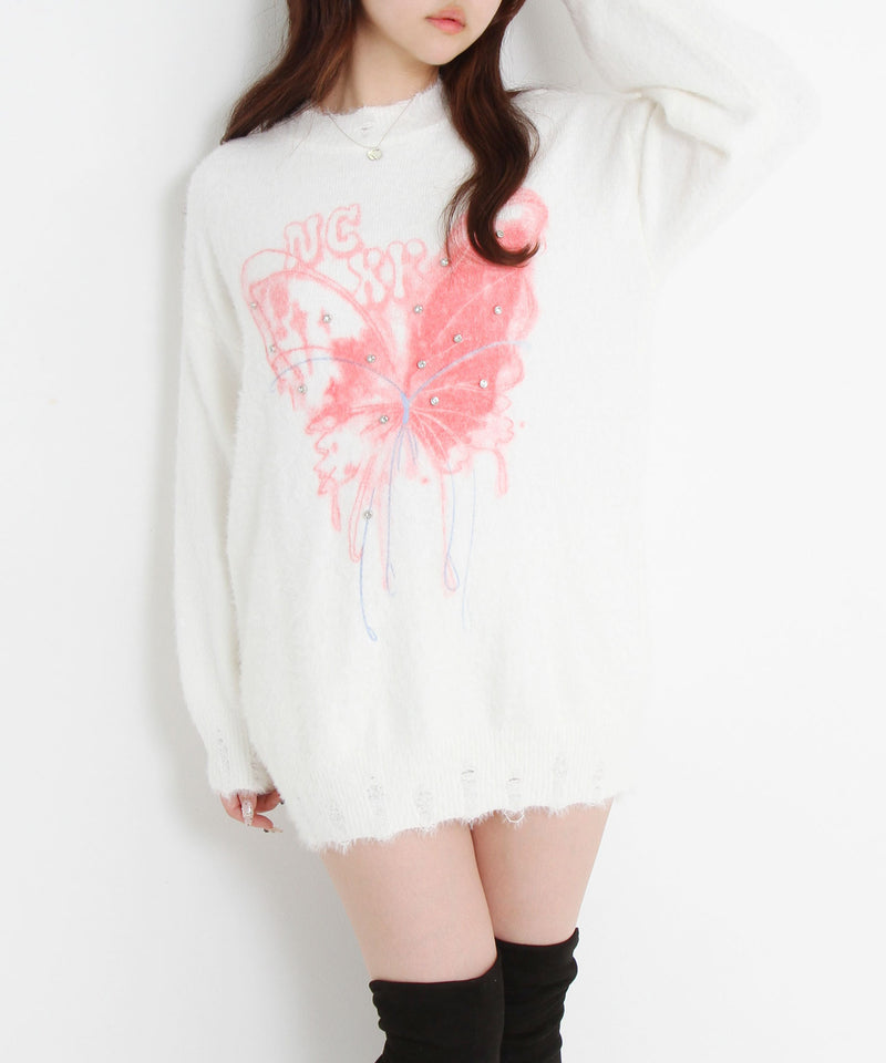 ふわふわダメージ加工バタフライビジューニットトップス