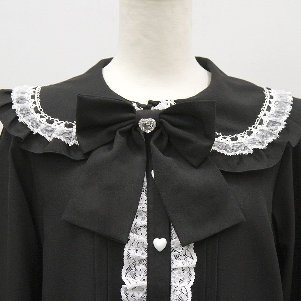 【美品！】インゲボルグ★はしごレースとプリーツフリルのブラウス はおりもの 黒系 シアー感♪サテンリボンも♪z13097 INGEBORG - 【美品！】インゲボルグ☆はしごレースとフリルの