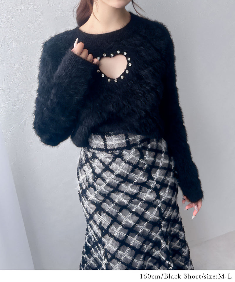 着丈選べるビジューハート開きニット/チュニック/ミニワンピ【大きいサイズ有】