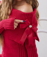 【新春セール】ビジューリボン付オフショルニットワンピース【大きいサイズ有】