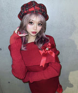 【新春セール】ビジューリボン付オフショルニットワンピース【大きいサイズ有】