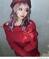 【新春セール】ビジューリボン付オフショルニットワンピース【大きいサイズ有】