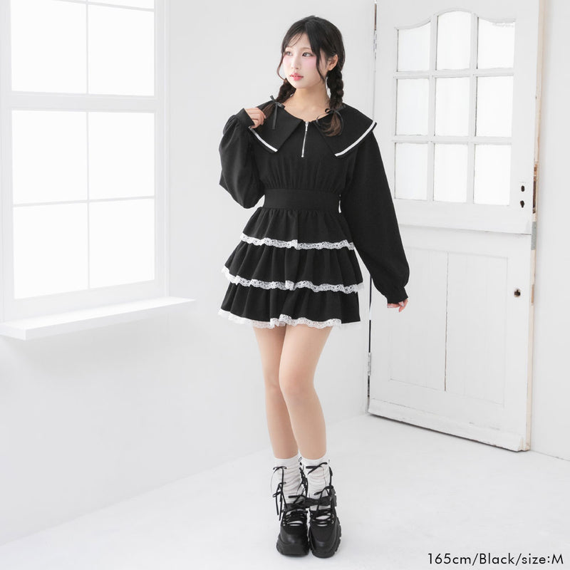 ハーフジップティアードフリルミニワンピース – レディース
