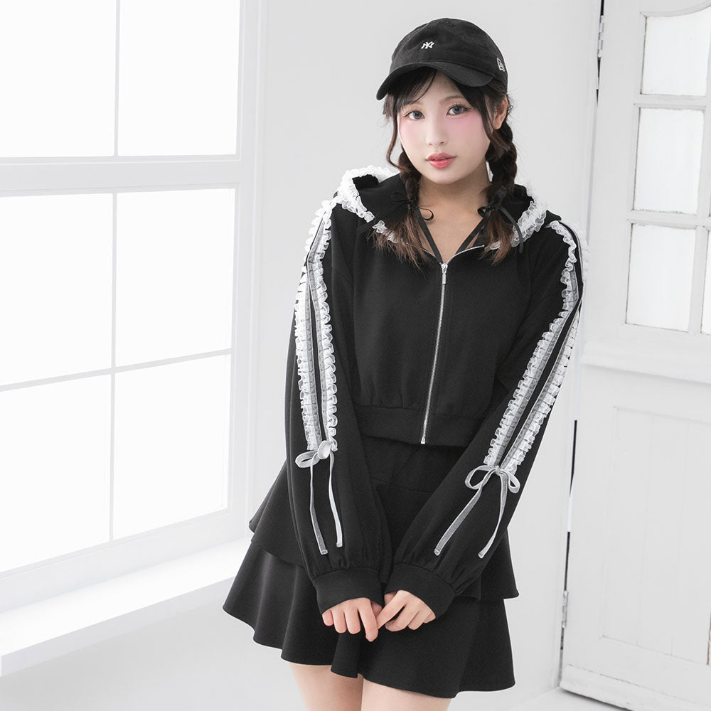 コーデ売り ベロアジャージ ブラウン フリル トップス スカート レース レトロ サイドレースアップアWフリルスカート[品番：RJTW0001252